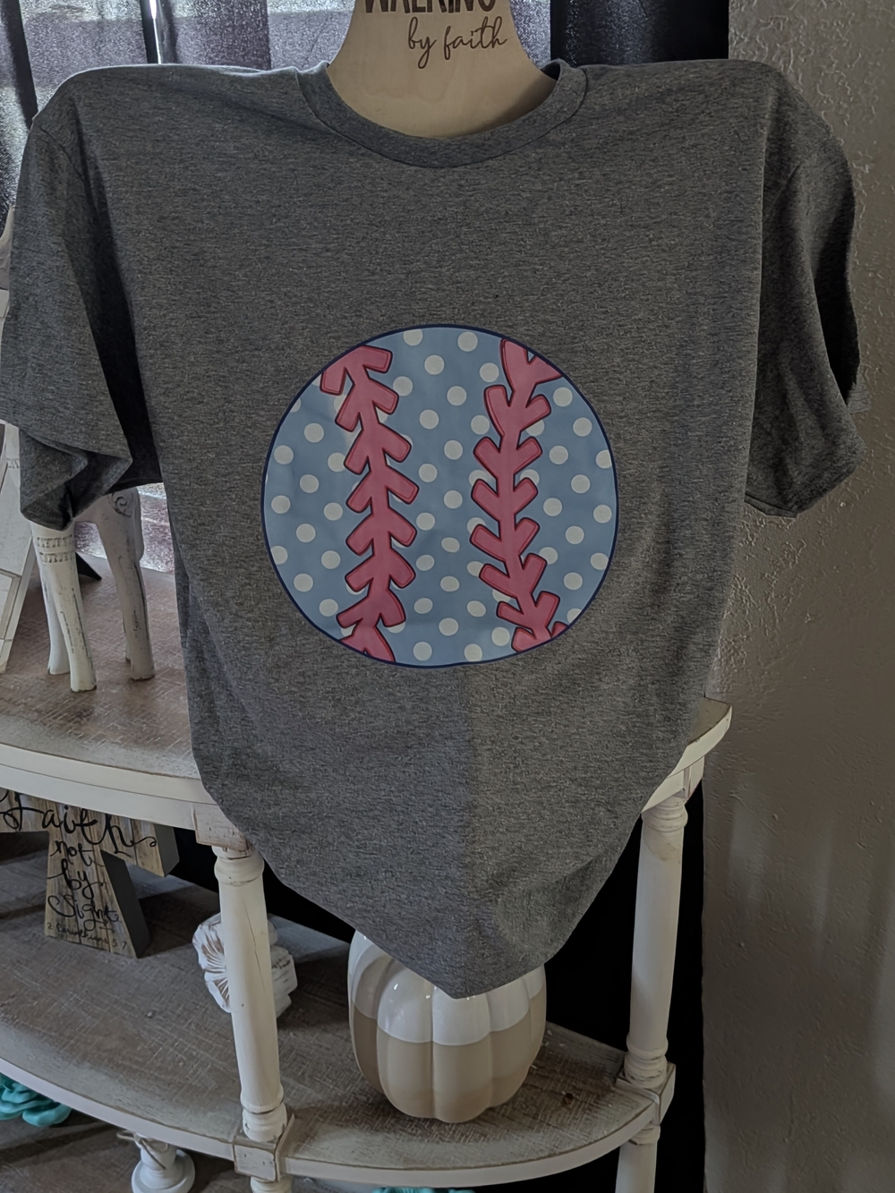 Gildan Gray Short-Sleeve Tee with Pink & Light Blue Baseball Graphic